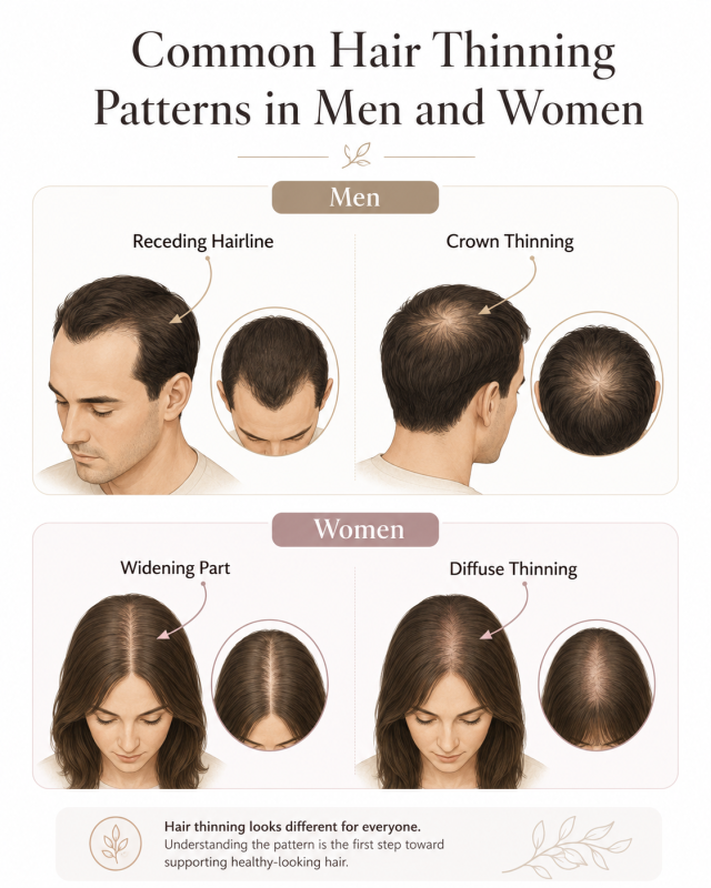 Common hair thinning patterns in men and women infographic