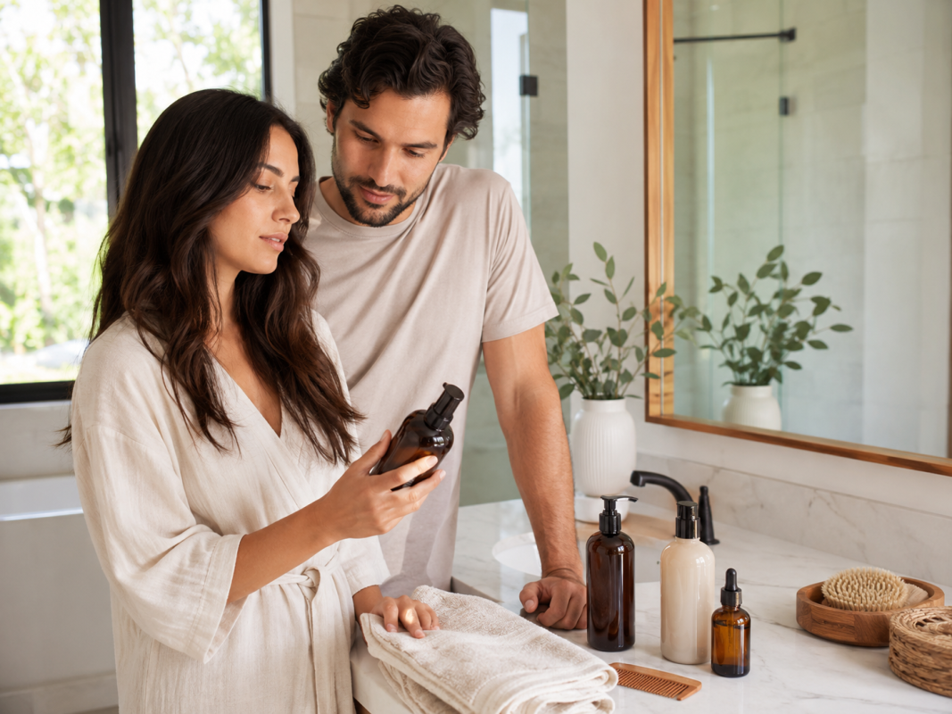 Man and woman exploring hair care products for hair thinning and scalp health support