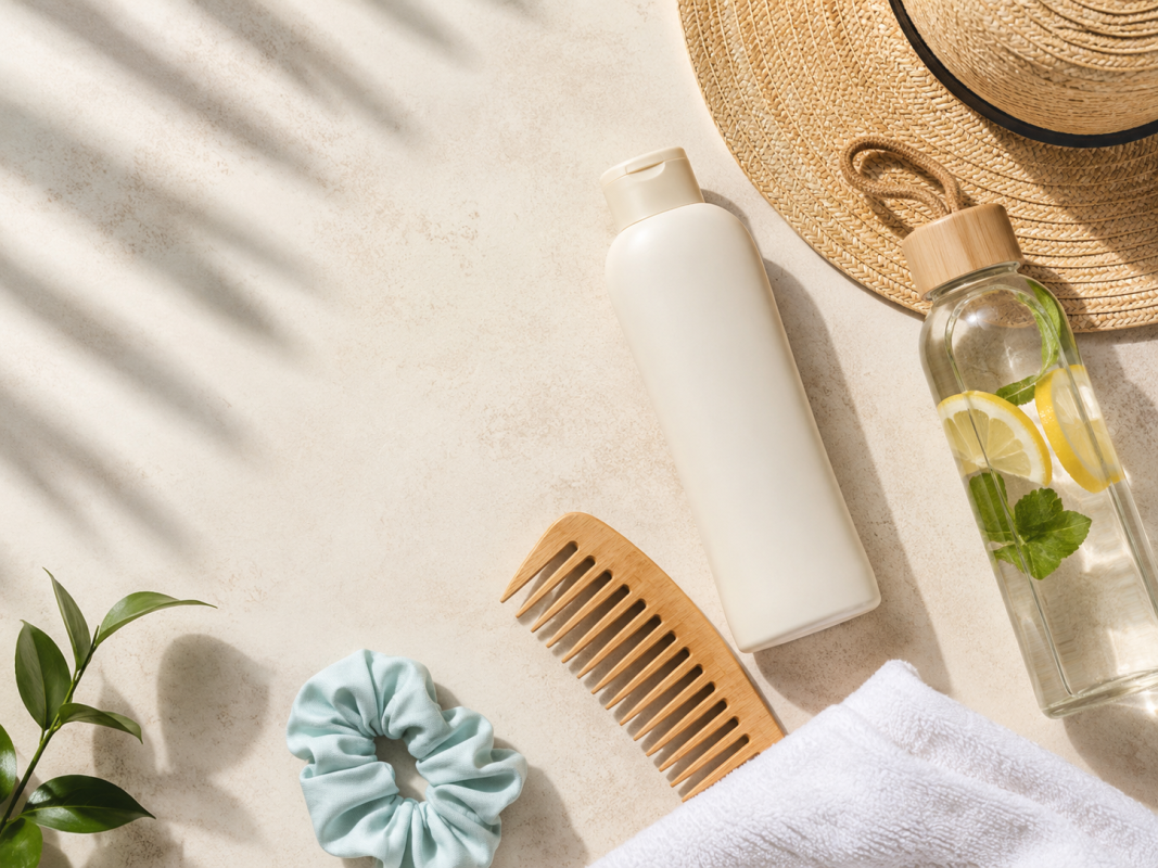 Summer hair care essentials with hat, water bottle, gentle shampoo, wide-tooth comb, and towel